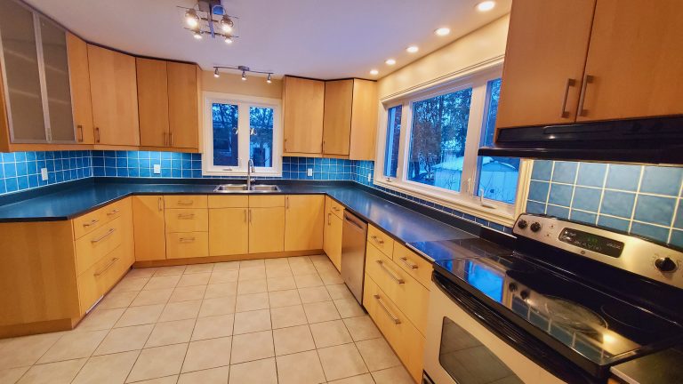 Kitchen with south facing windows to back yard